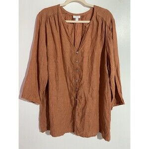 Pure Jill Top XL Orange Linen Button Up Beachy Coastal Grandma Lagenlook Office